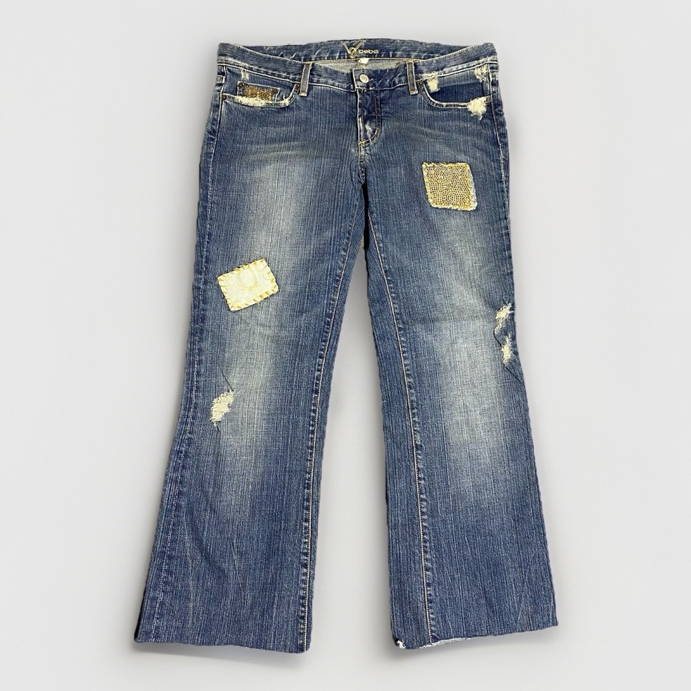 Vtg Bebe Flare Bootcut Denim Jeans USA 36x28 Y2K Patchwork Embellished Pockets
